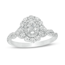 Previously Owned - 1 CT. T.W. Oval Diamond Scallop Frame Twist Shank Engagement Ring in 14K White Gold