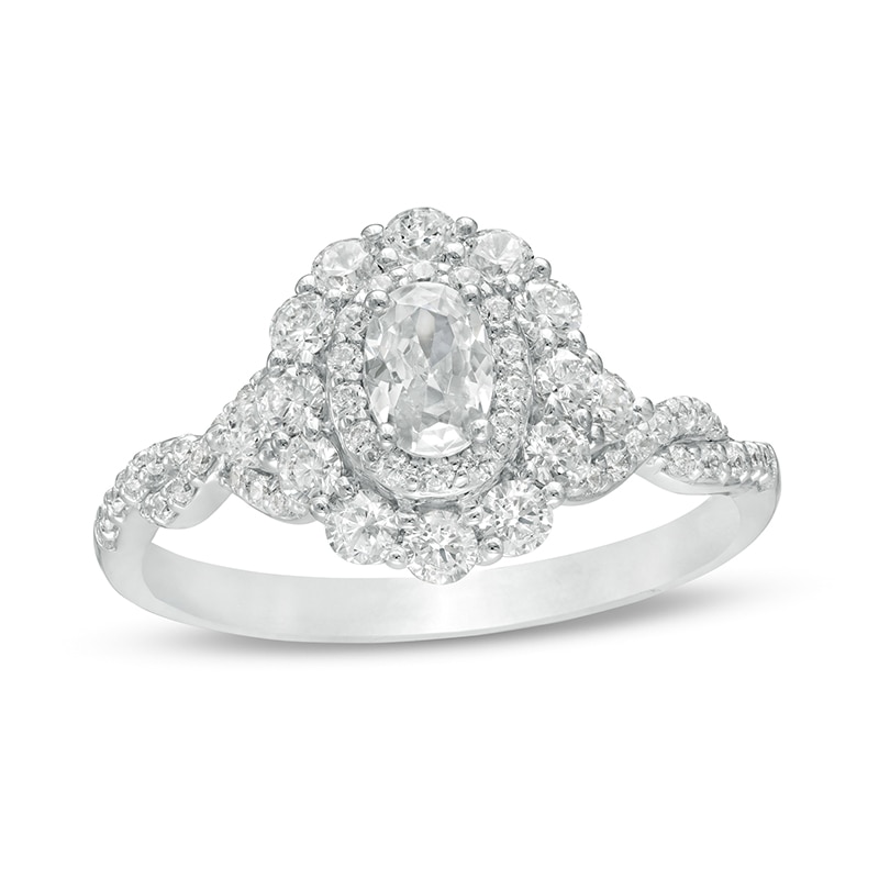 Main Image 1 of Previously Owned - 1 CT. T.W. Oval Diamond Scallop Frame Twist Shank Engagement Ring in 14K White Gold