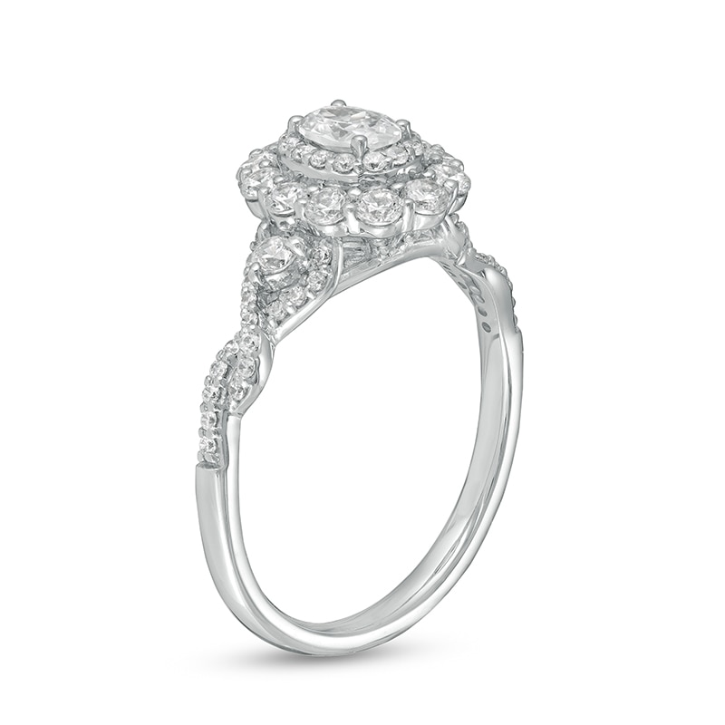 Main Image 3 of Previously Owned - 1 CT. T.W. Oval Diamond Scallop Frame Twist Shank Engagement Ring in 14K White Gold