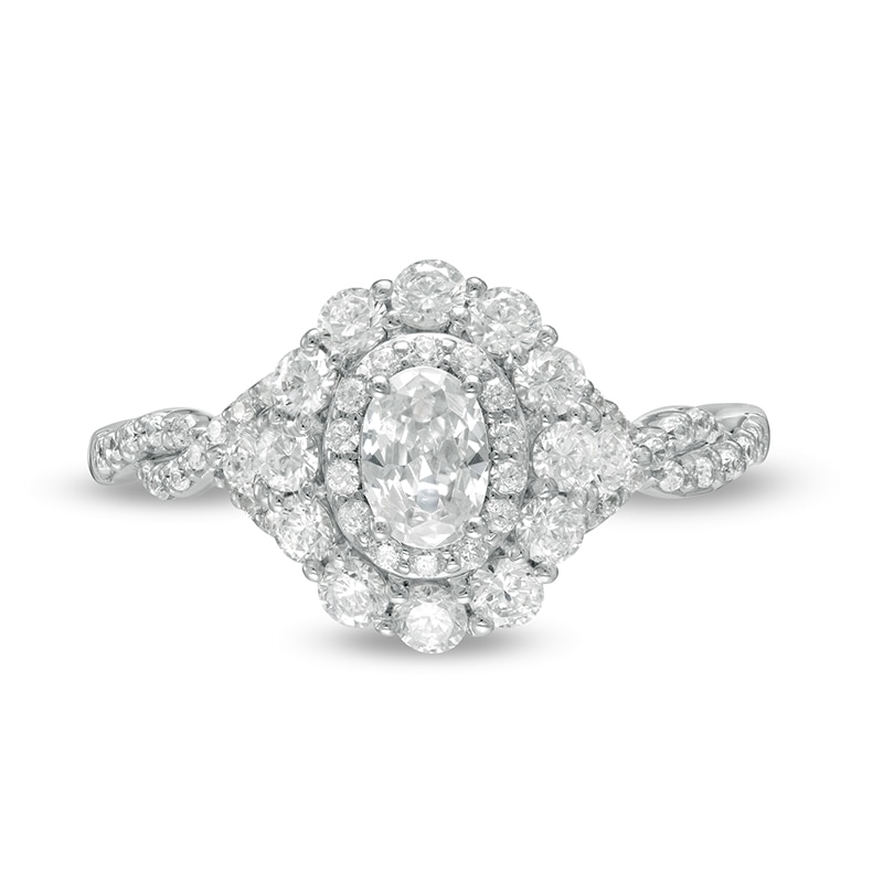 Main Image 4 of Previously Owned - 1 CT. T.W. Oval Diamond Scallop Frame Twist Shank Engagement Ring in 14K White Gold