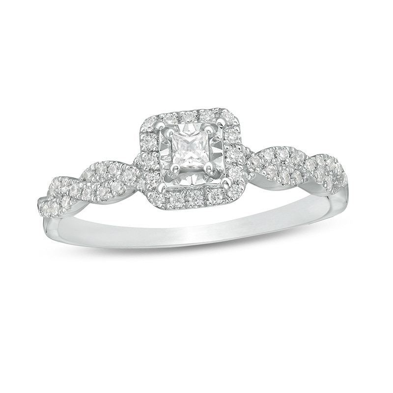 Main Image 1 of Previously Owned - 1/4 CT. T.W. Princess-Cut Diamond Cushion Frame Twist Shank Promise Ring in 10K White Gold