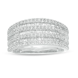 Previously Owned - 1/2 CT. T.W. Baguette and Round Diamond Alternating Multi-Row Ring in 10K White Gold