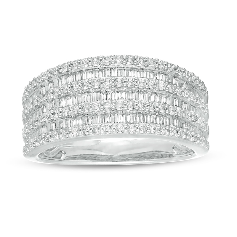 Main Image 1 of Previously Owned - 1/2 CT. T.W. Baguette and Round Diamond Alternating Multi-Row Ring in 10K White Gold