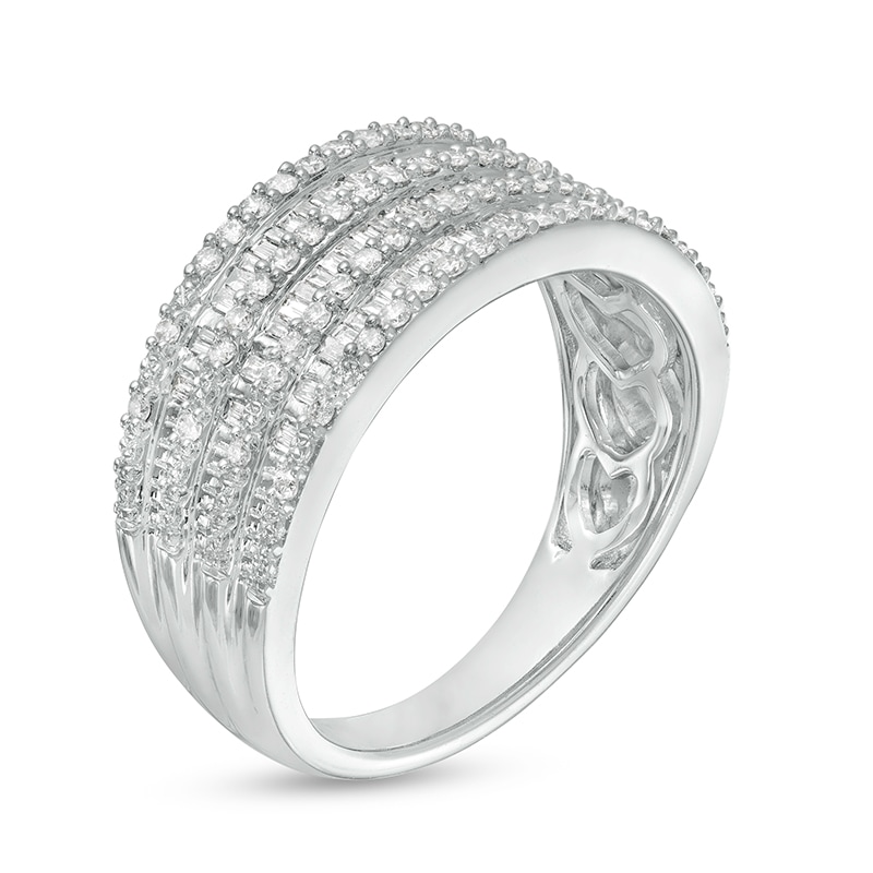 Main Image 3 of Previously Owned - 1/2 CT. T.W. Baguette and Round Diamond Alternating Multi-Row Ring in 10K White Gold