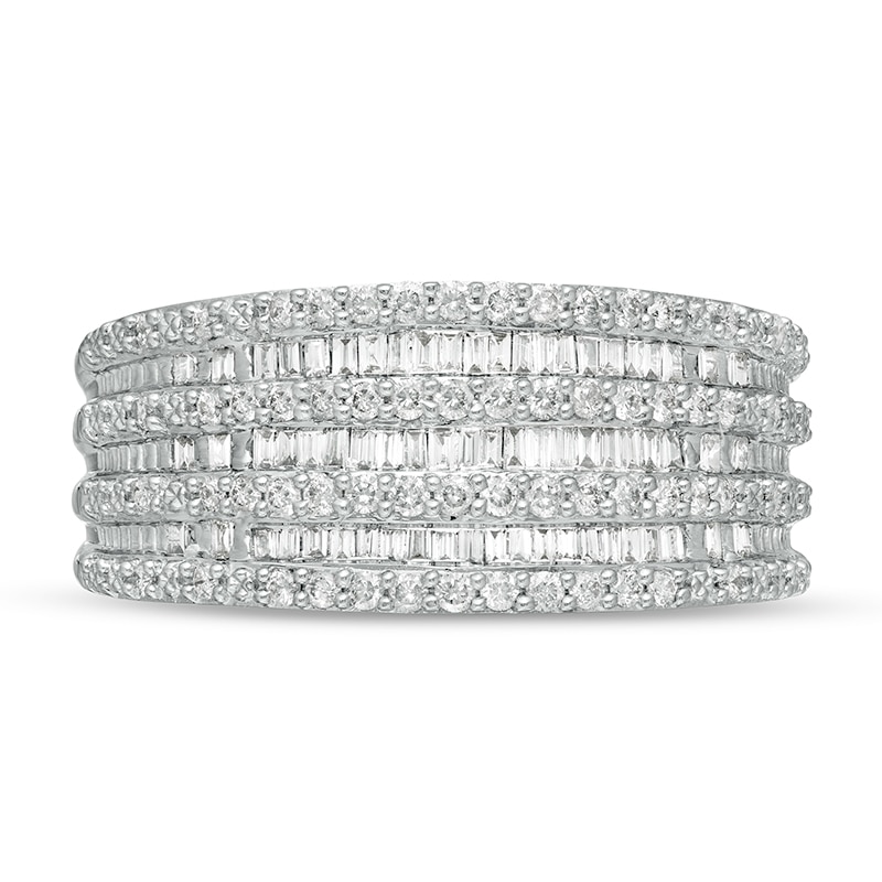 Main Image 4 of Previously Owned - 1/2 CT. T.W. Baguette and Round Diamond Alternating Multi-Row Ring in 10K White Gold