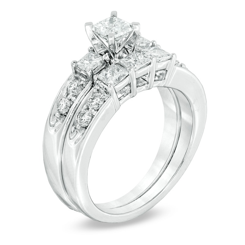 Previously Owned - 1-1/2 CT. T.W. Princess-Cut Diamond Three Stone Bridal Set in 14K White Gold