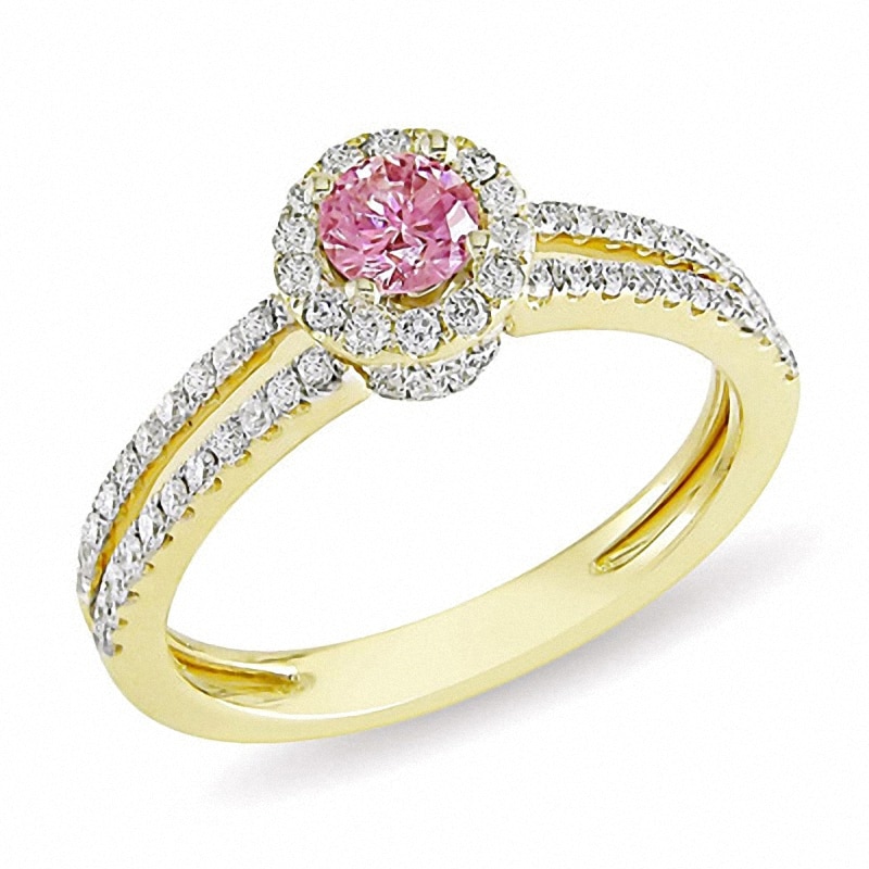 Main Image 1 of Previously Owned - 3/4 CT. T.W. Enhanced Pink and White Diamond Two Row Engagement Ring in 14K Gold