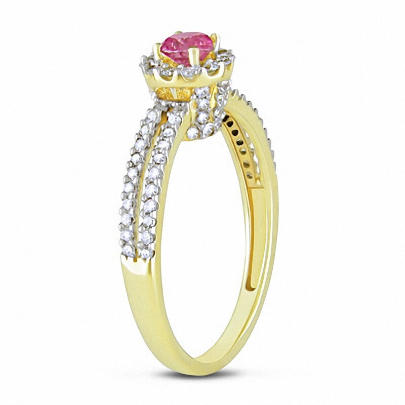 Main Image 2 of Previously Owned - 3/4 CT. T.W. Enhanced Pink and White Diamond Two Row Engagement Ring in 14K Gold