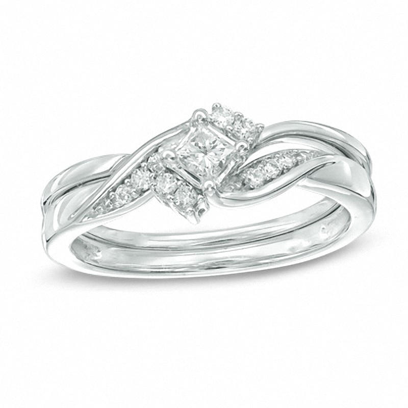 Main Image 1 of Previously Owned - 1/4 CT. T.W. Princess-Cut Diamond Bridal Set in 10K White Gold