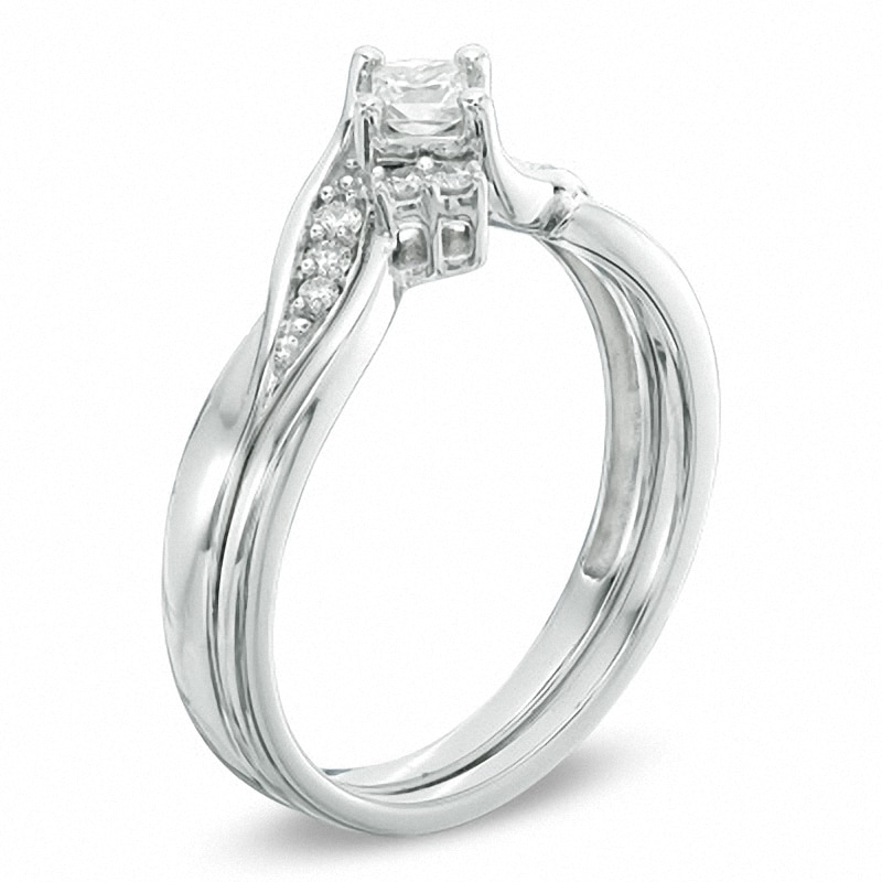 Main Image 2 of Previously Owned - 1/4 CT. T.W. Princess-Cut Diamond Bridal Set in 10K White Gold