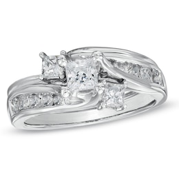 Previously Owned 1 CT. T.W. Princess-Cut Diamond Three Stone Soldered Bridal Set in 14K White Gold
