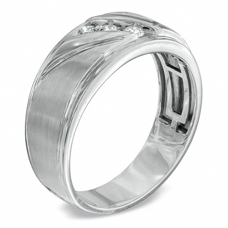 Main Image 2 of Previously Owned - 1/5 CT. T.W. Diamond Three Stone Slant Band in 10K White Gold