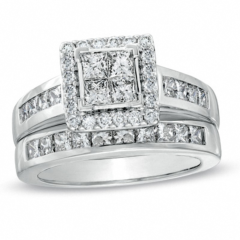 Main Image 1 of Previously Owned - 2 CT. T.W. Princess-Cut Quad Diamond Frame Bridal Set in 14K White Gold