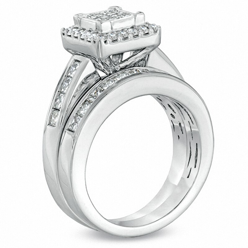 Main Image 2 of Previously Owned - 2 CT. T.W. Princess-Cut Quad Diamond Frame Bridal Set in 14K White Gold