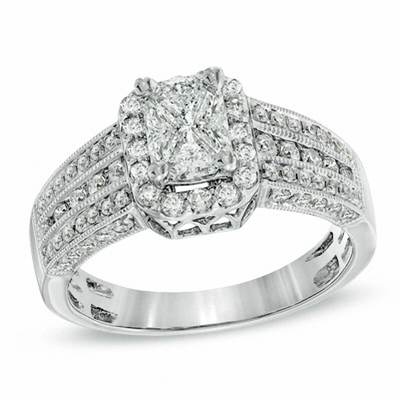Previously Owned - 1 CT. T.W. Composite Emerald-Cut Diamond Multi-Row Engagement Ring in 14K White Gold