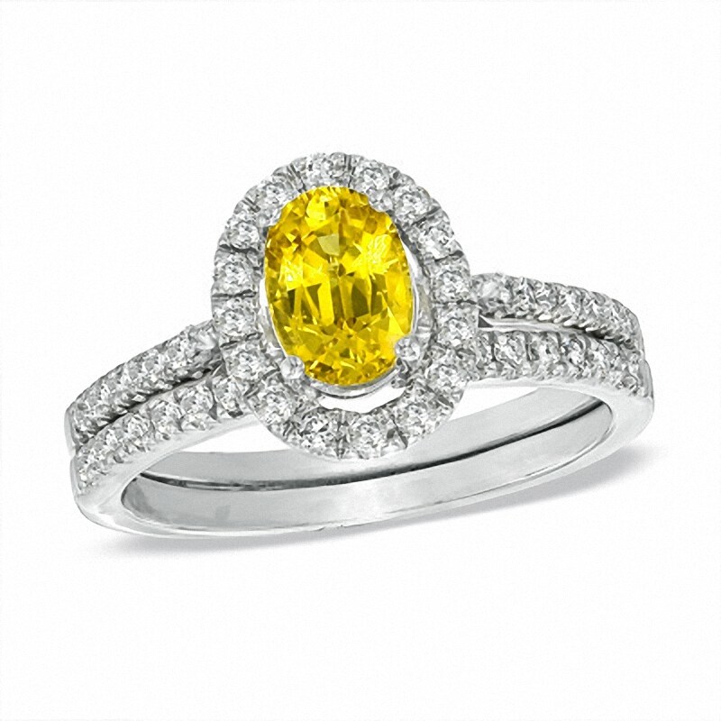 Main Image 1 of Previously Owned - Oval Yellow Sapphire and 1/2 CT. T.W. Diamond Bridal Set in 14K White Gold