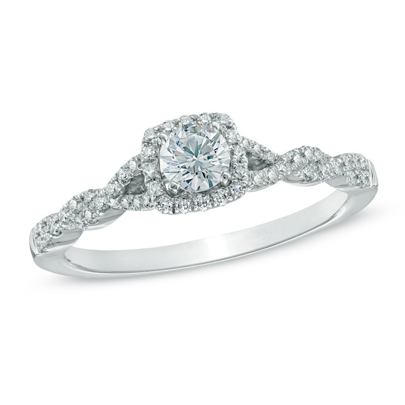 Main Image 1 of Previously Owned - Celebration Fire™ 1/2 CT. T.W. Diamond Frame Twist Engagement Ring in 14K White Gold (H-I/SI1-SI2)