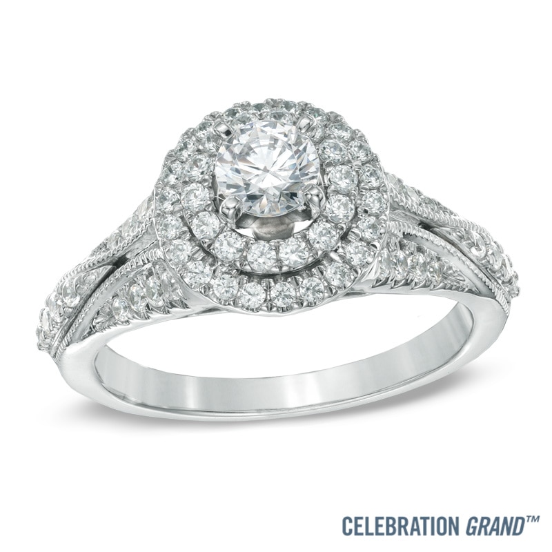 Main Image 1 of Previously Owned - Celebration Grand® 1 CT. T.W. Diamond Double Frame Engagement Ring in 14K White Gold (H-I/I1)