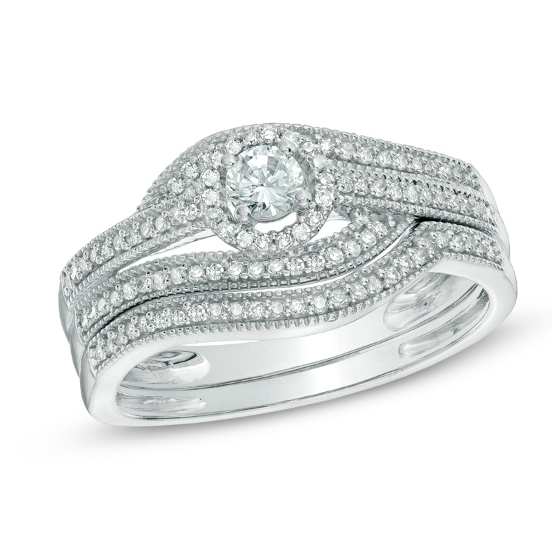 Main Image 1 of Previously Owned - 1/3 CT. T.W. Diamond Vintage-Style Bridal Set in 10K White Gold