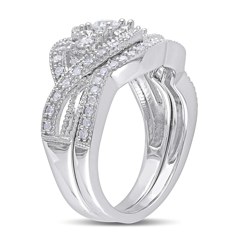 Main Image 2 of Previously Owned - 1/2 CT. T.W. Diamond Three Stone Knot Bridal Set in Sterling Silver