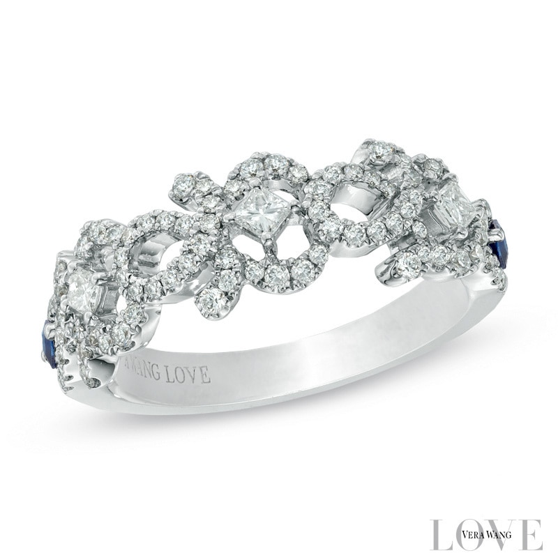 Previously Owned - Vera Wang Love Collection 1/2 CT. T.W. Diamond and Blue Sapphire Curlique Band in 14K White Gold