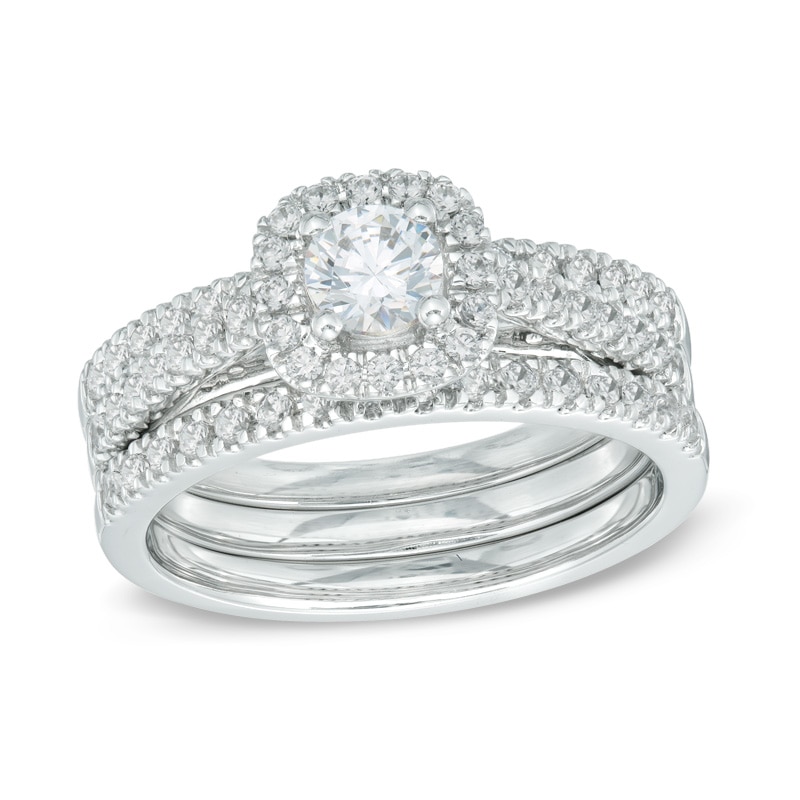 Main Image 1 of Previously Owned - 1 CT. T.W. Diamond Frame Three Piece Bridal Set in 14K White Gold
