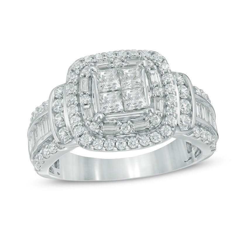 Main Image 1 of Previously Owned - 1-1/2 CT. T.W. Quad Diamond Cushion Frame Engagement Ring in 14K White Gold