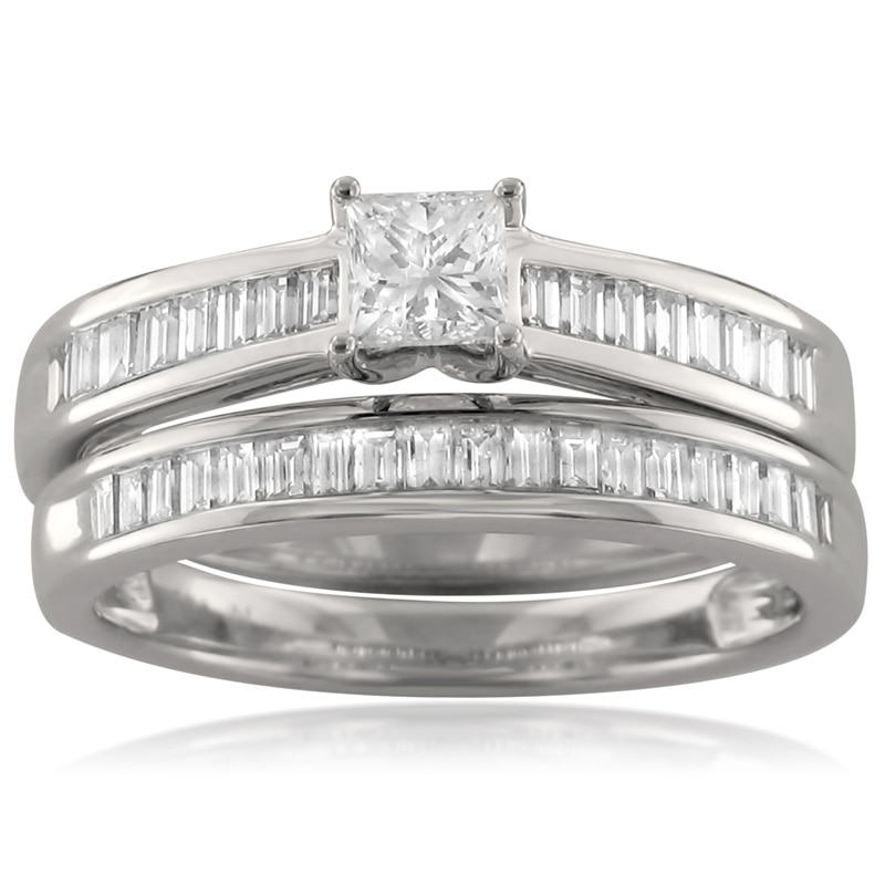 Main Image 1 of Previously Owned - 1 CT. T.W. Princess-Cut Diamond Channel-Set Bridal Set in 14K White Gold