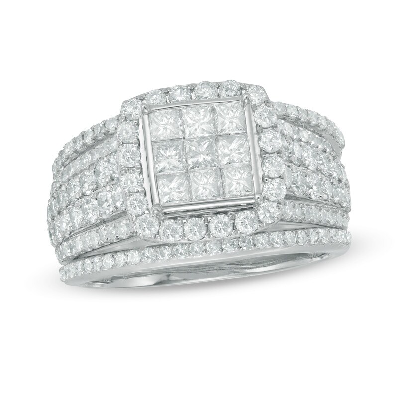 Main Image 1 of Previously Owned - 2 CT. T.W. Princess-Cut Composite Diamond Frame Multi-Row Three Piece Bridal Set in 10K White Gold