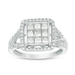 Previously Owned - 1 CT. T.W. Princess-Cut Composite Diamond Frame Engagement Ring in 10K White Gold