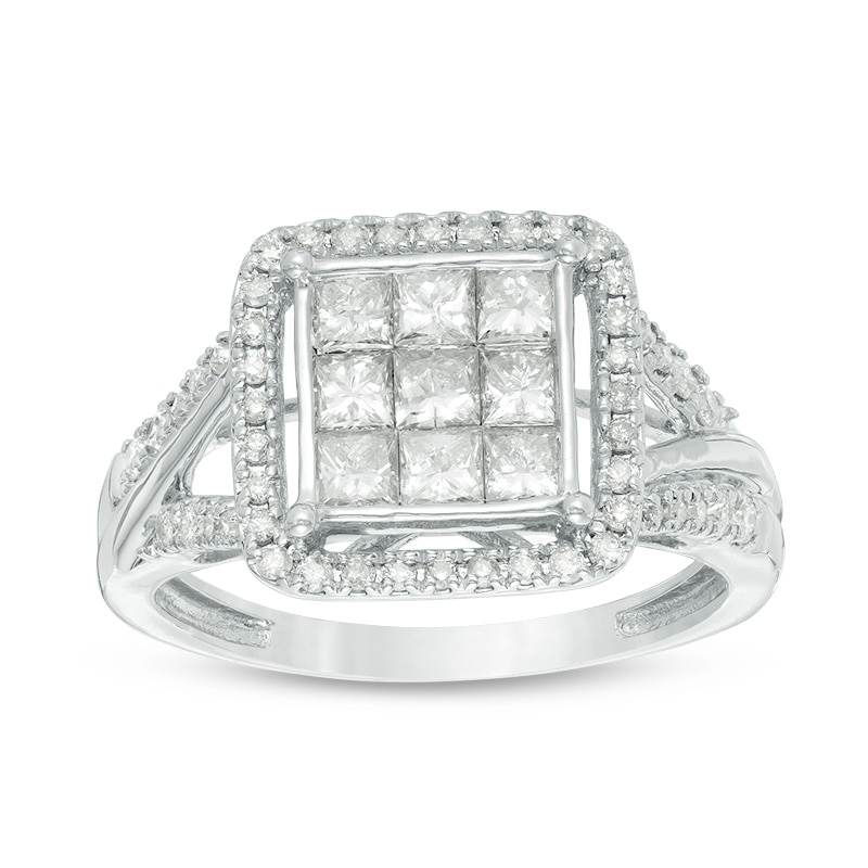 Main Image 1 of Previously Owned - 1 CT. T.W. Princess-Cut Composite Diamond Frame Engagement Ring in 10K White Gold