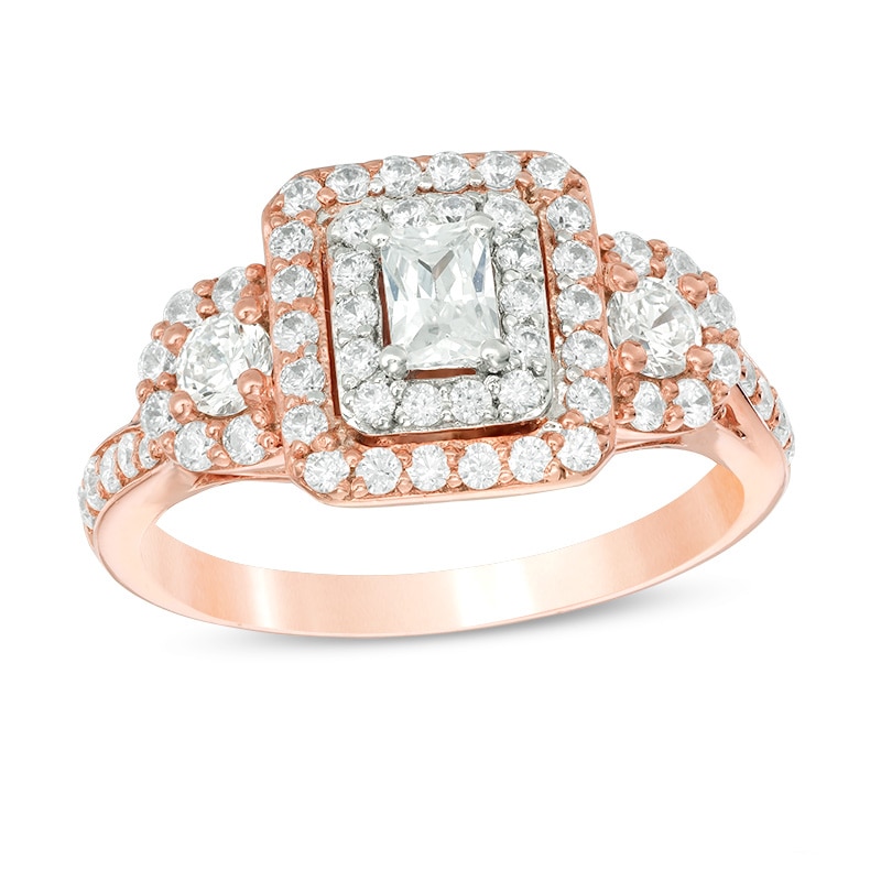 Main Image 1 of Previously Owned - 1 CT. T.W. Emerald-Cut Diamond Past Present Future® Frame Engagement Ring in 14K Rose Gold