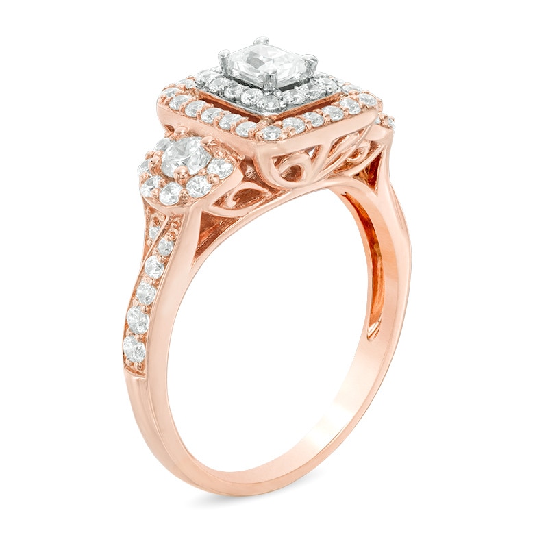 Main Image 2 of Previously Owned - 1 CT. T.W. Emerald-Cut Diamond Past Present Future® Frame Engagement Ring in 14K Rose Gold
