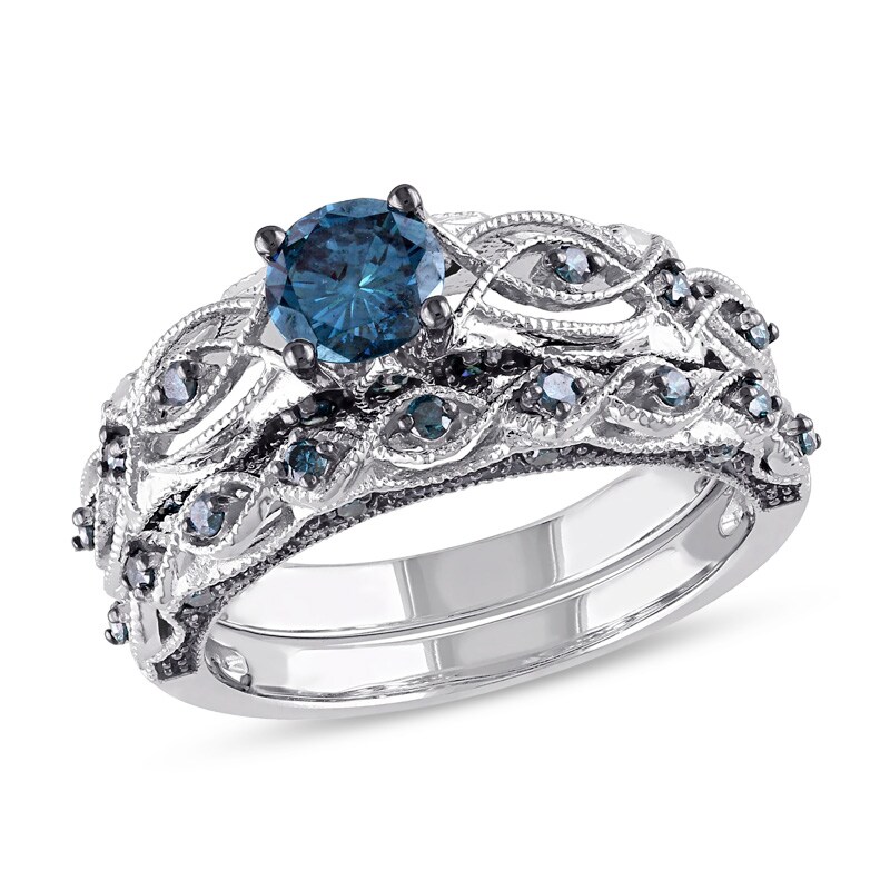 Main Image 1 of Previously Owned - 1 CT. T.W. Enhanced Blue Diamond Vintage-Style Bridal Set in 10K White Gold