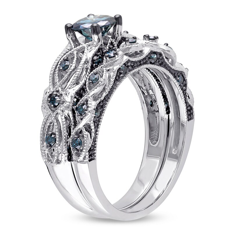 Main Image 2 of Previously Owned - 1 CT. T.W. Enhanced Blue Diamond Vintage-Style Bridal Set in 10K White Gold