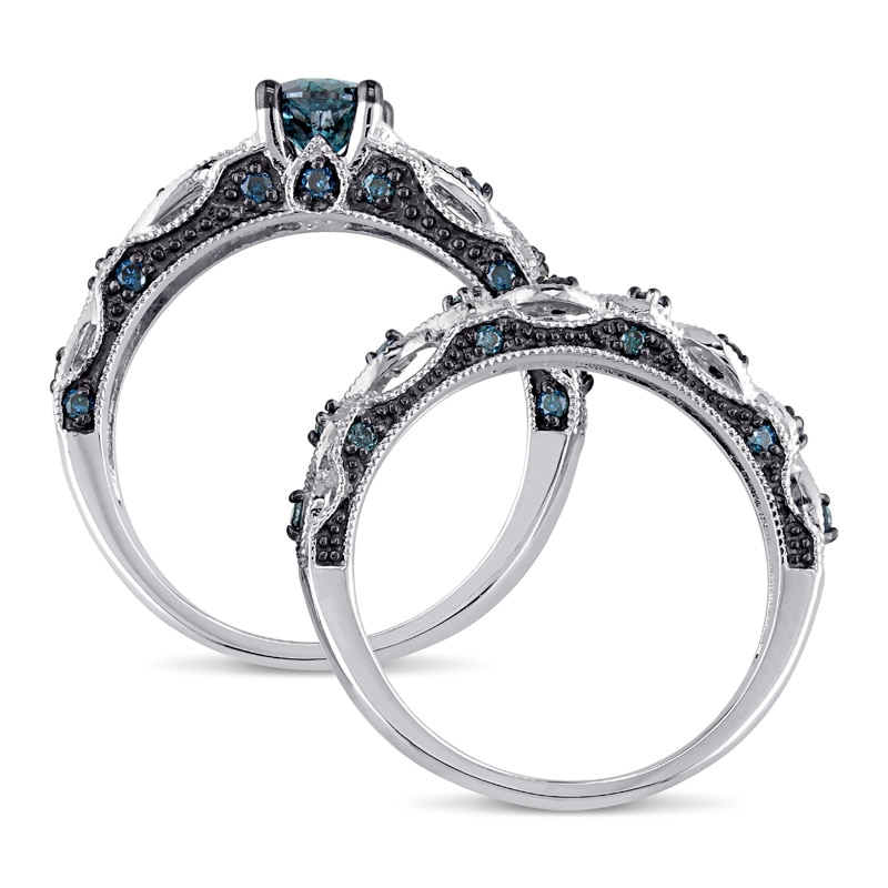 Main Image 3 of Previously Owned - 1 CT. T.W. Enhanced Blue Diamond Vintage-Style Bridal Set in 10K White Gold