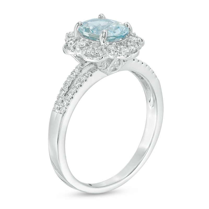 Main Image 2 of Previously Owned - Oval Aquamarine and 1/4 CT. T.W. Diamond Flower Frame Vintage-Style Ring in 14K White Gold