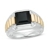 Thumbnail Image 1 of Previously Owned - Onyx and White Lab-Created Sapphire Ribbed Shank Ring in Sterling Silver and 14K Gold Plate