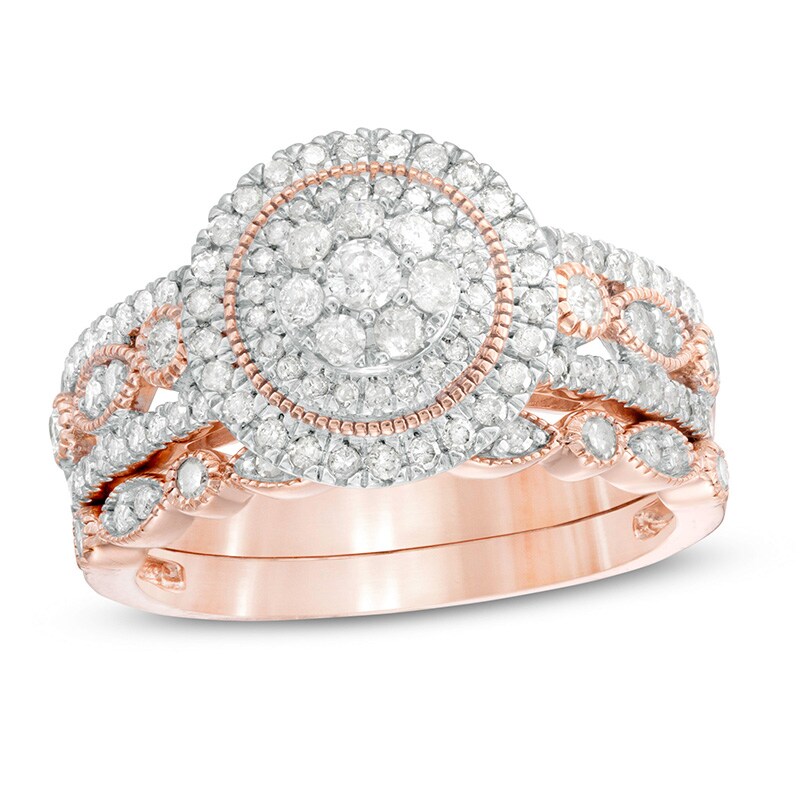 Main Image 1 of Previously Owned - 3/4 CT. T.W. Diamond Double Frame Art Deco Vintage-Style Bridal Set in 10K Rose Gold
