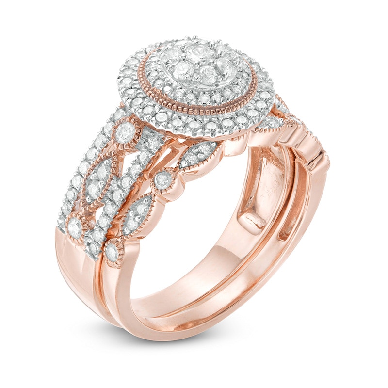 Main Image 3 of Previously Owned - 3/4 CT. T.W. Diamond Double Frame Art Deco Vintage-Style Bridal Set in 10K Rose Gold
