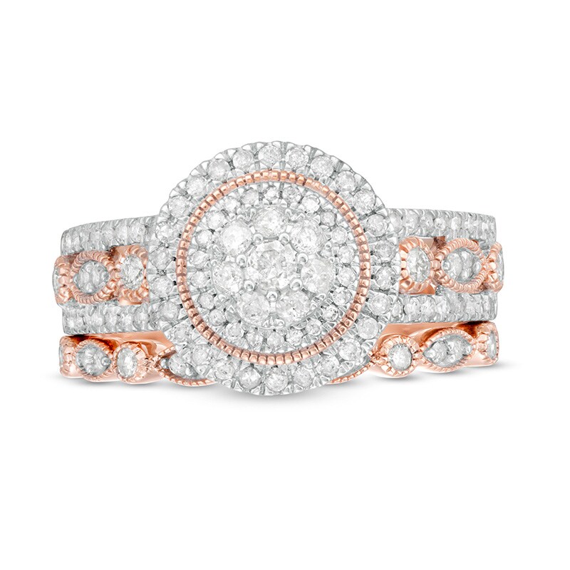 Main Image 4 of Previously Owned - 3/4 CT. T.W. Diamond Double Frame Art Deco Vintage-Style Bridal Set in 10K Rose Gold
