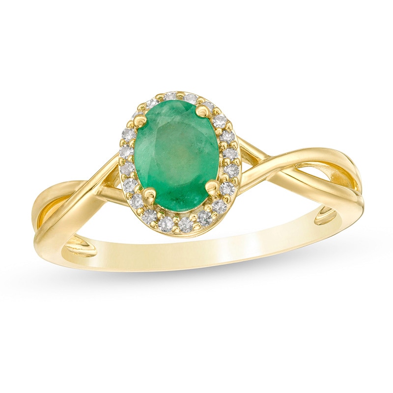 Main Image 1 of Previously Owned - Oval Emerald and 1/15 CT. T.W. Diamond Frame Twist Shank Ring in 10K Gold