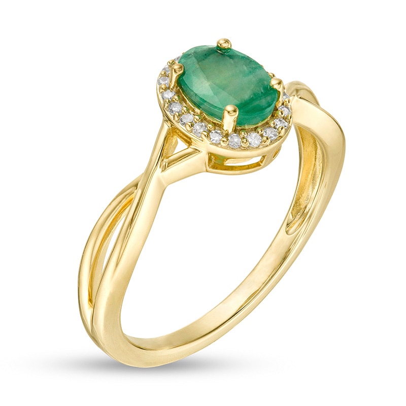 Main Image 3 of Previously Owned - Oval Emerald and 1/15 CT. T.W. Diamond Frame Twist Shank Ring in 10K Gold