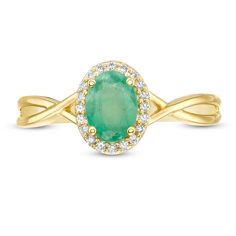 Main Image 4 of Previously Owned - Oval Emerald and 1/15 CT. T.W. Diamond Frame Twist Shank Ring in 10K Gold