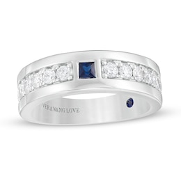 Previously Owned - Vera Wang Men's Sapphire and 3/4 CT. T.W. Diamond Wedding Band in 14K White Gold