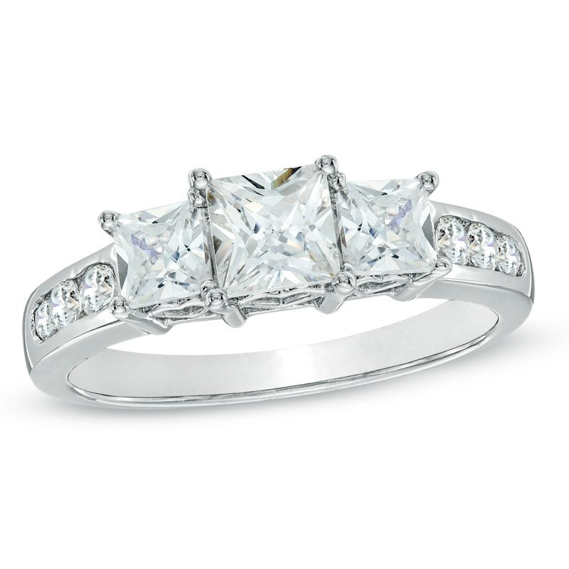 Main Image 1 of Previously Owned - 1-1/2 CT. T.W. Square-Cut Diamond Past Present Future® Ring in 14K White Gold