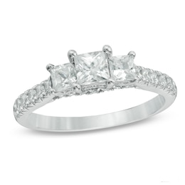 Previously Owned - Celebration Ideal 1-1/5 CT. T.W. Princess-Cut Diamond Three Stone Ring in 14K White Gold (J/I1)