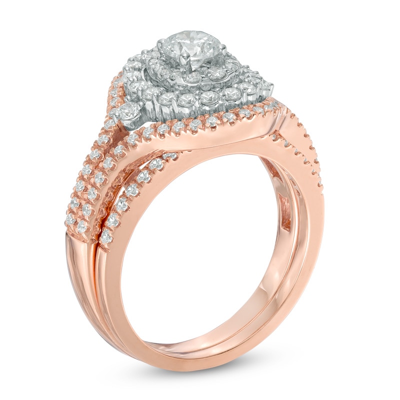 Main Image 2 of Previously Owned - 1-1/4  CT. T.W. Diamond Layered Frame Split Shank Bridal Set in 14K Two-Tone Gold