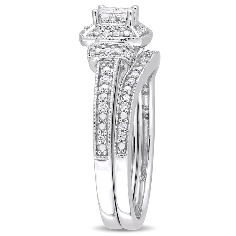 Main Image 2 of Previously Owned - 1/3 CT. T.W. Quad Princess-Cut Diamond Frame Collar Vintage-Style Bridal Set in 10K White Gold