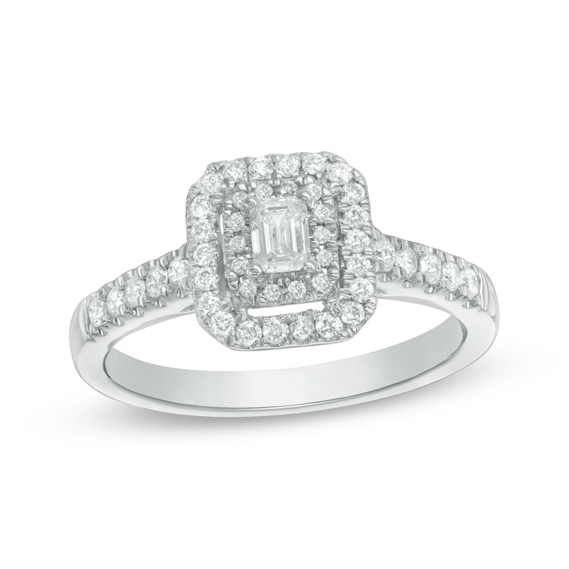 Main Image 1 of Previously Owned - 1/2 CT. T.W. Emerald-Cut Diamond Double Frame Engagement Ring in 14K White Gold